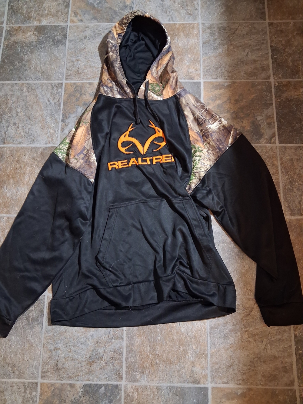 Realtree Black Hoodie with Camo Panels and Orange Logo